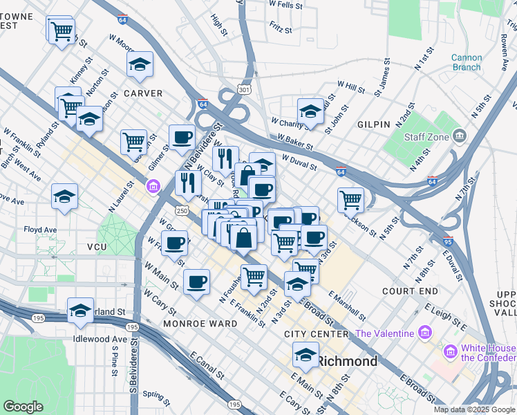 map of restaurants, bars, coffee shops, grocery stores, and more near 115 West Clay Street in Richmond