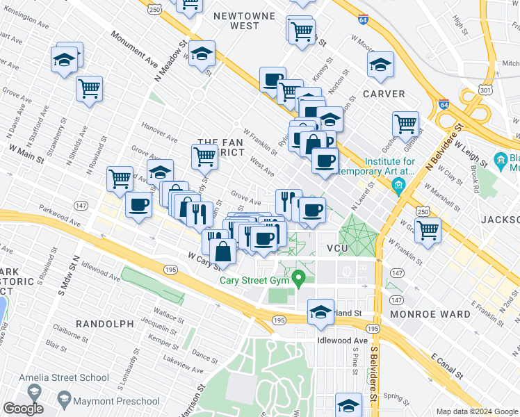 map of restaurants, bars, coffee shops, grocery stores, and more near 108 North Morris Street in Richmond