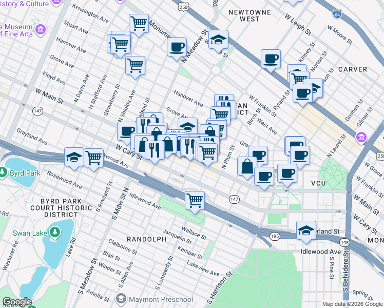 map of restaurants, bars, coffee shops, grocery stores, and more near 1616 West Main Street in Richmond