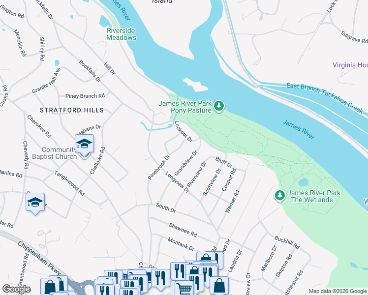 map of restaurants, bars, coffee shops, grocery stores, and more near 3520 Grandview Drive in Richmond