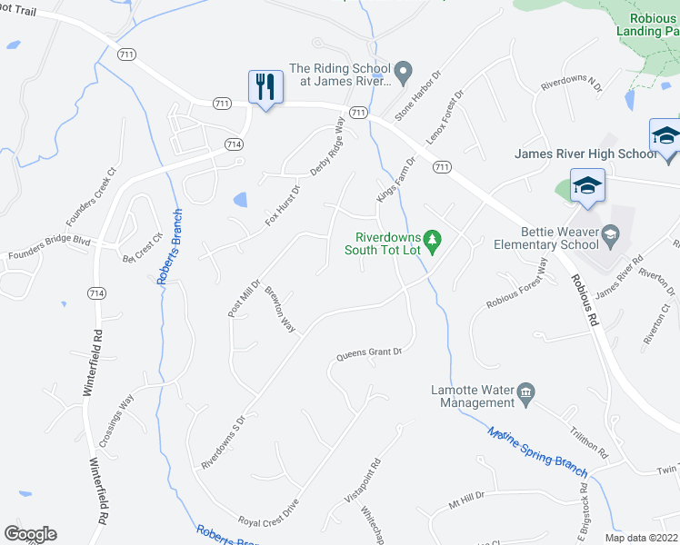 map of restaurants, bars, coffee shops, grocery stores, and more near 3319 Pond Chase Court in Midlothian