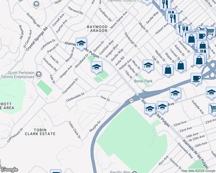 map of restaurants, bars, coffee shops, grocery stores, and more near 1202 Woodland Drive in San Mateo