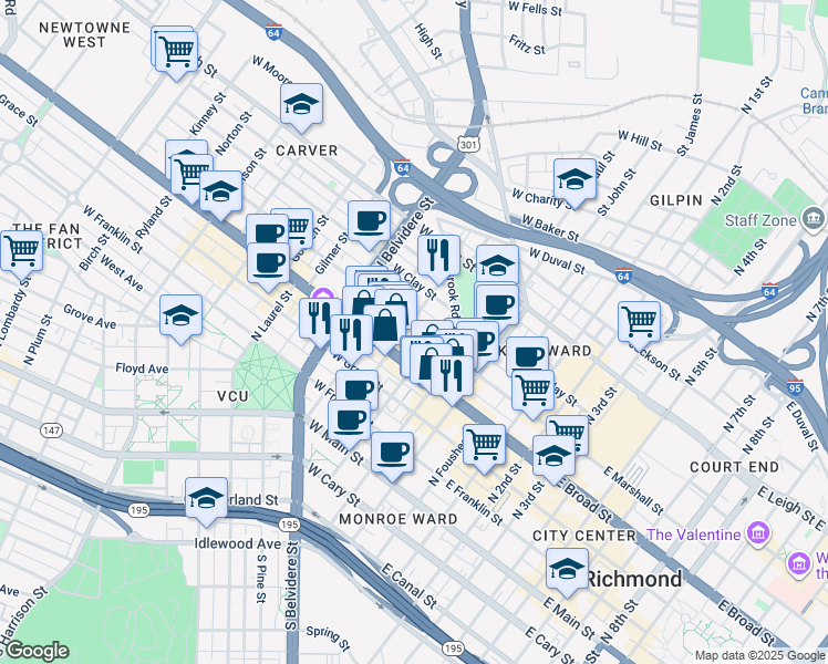 map of restaurants, bars, coffee shops, grocery stores, and more near 315 West Marshall Street in Richmond