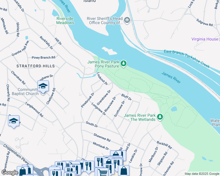 map of restaurants, bars, coffee shops, grocery stores, and more near 3536 Grandview Drive in Richmond