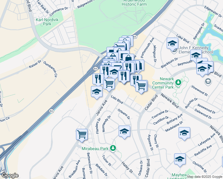 map of restaurants, bars, coffee shops, grocery stores, and more near 6359 Jarvis Avenue in Newark