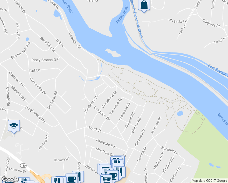 map of restaurants, bars, coffee shops, grocery stores, and more near 3536 Grandview Drive in Richmond