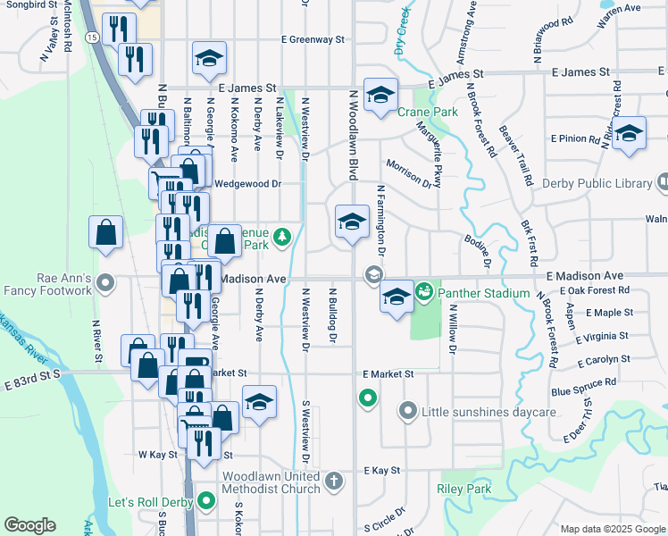 map of restaurants, bars, coffee shops, grocery stores, and more near 700 East Madison Avenue in Derby
