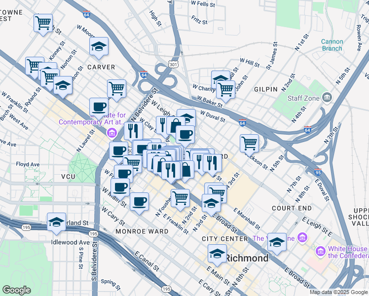 map of restaurants, bars, coffee shops, grocery stores, and more near 112 West Clay Street in Richmond