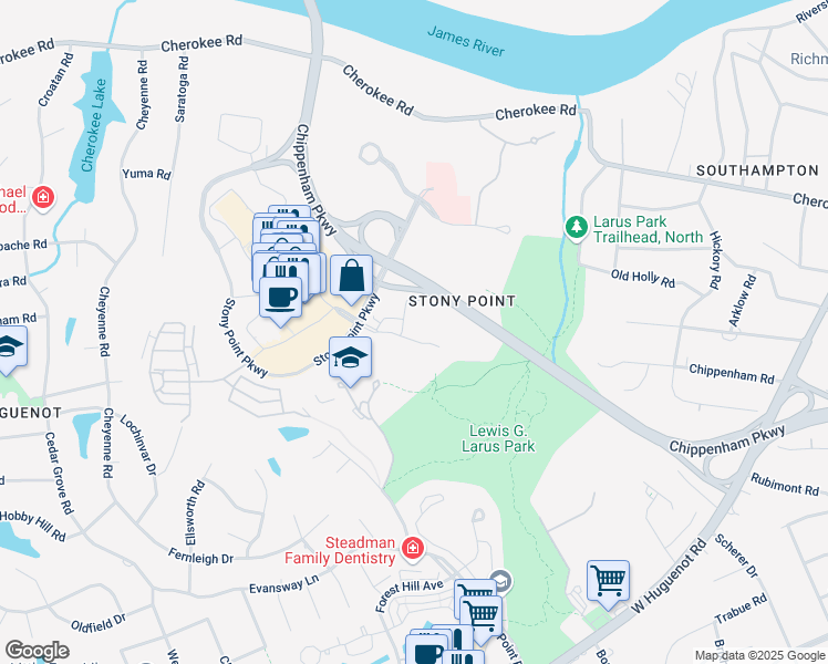 map of restaurants, bars, coffee shops, grocery stores, and more near 9103 Stony Point Drive in Richmond