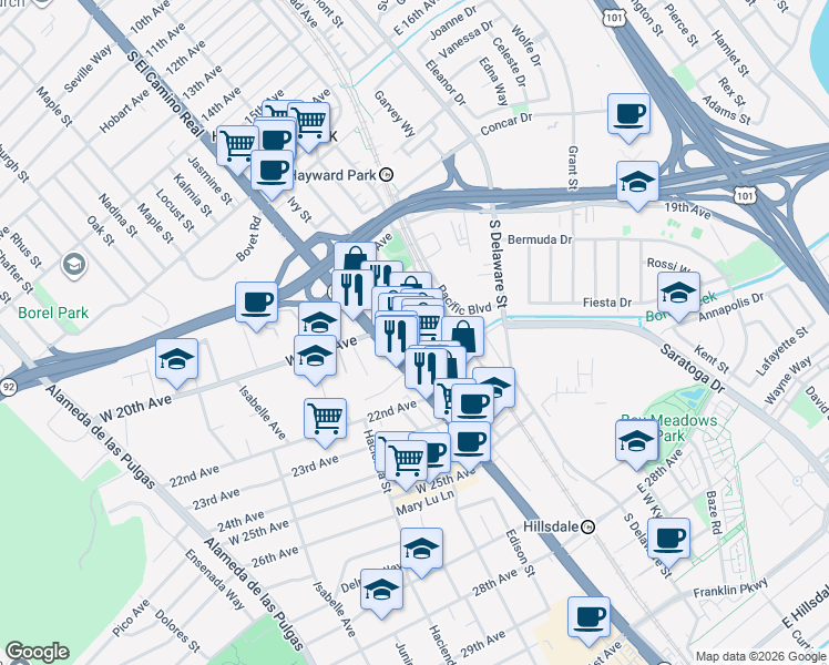 map of restaurants, bars, coffee shops, grocery stores, and more near 71 21st Avenue in San Mateo