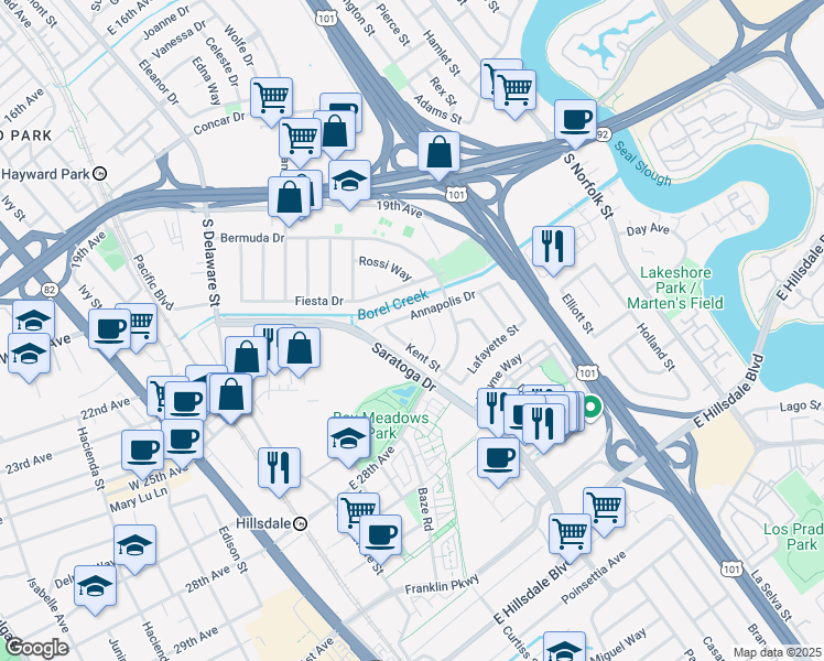 map of restaurants, bars, coffee shops, grocery stores, and more near 2230 Kent Street in San Mateo