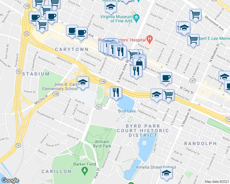 map of restaurants, bars, coffee shops, grocery stores, and more near 465 Virginia 161 in Richmond