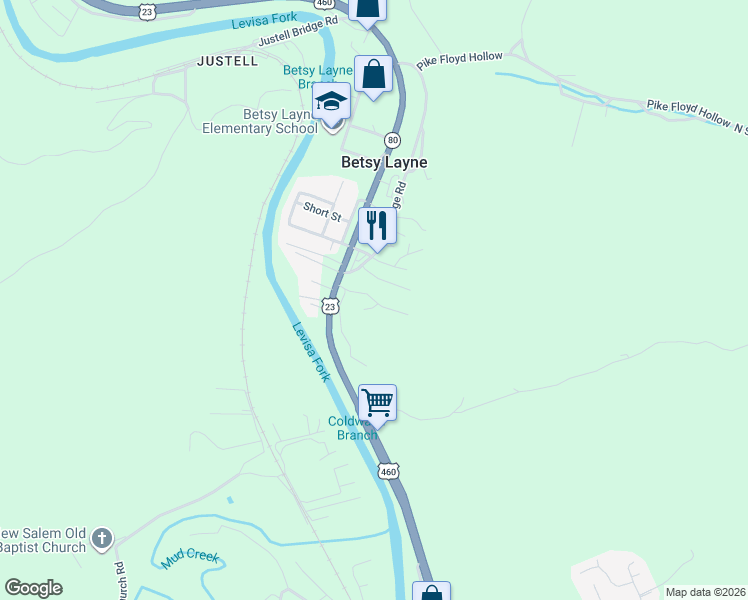map of restaurants, bars, coffee shops, grocery stores, and more near Layne Hill Drive in Betsy Layne