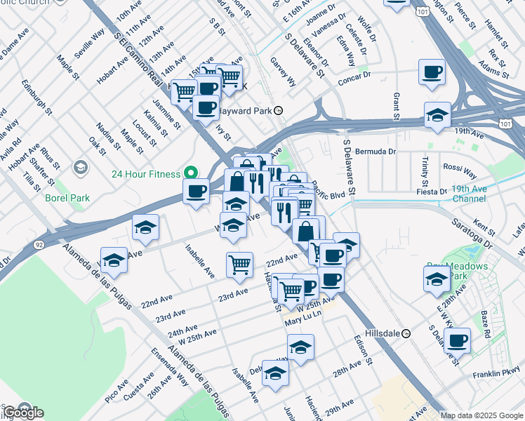 map of restaurants, bars, coffee shops, grocery stores, and more near 2000 South El Camino Real in San Mateo