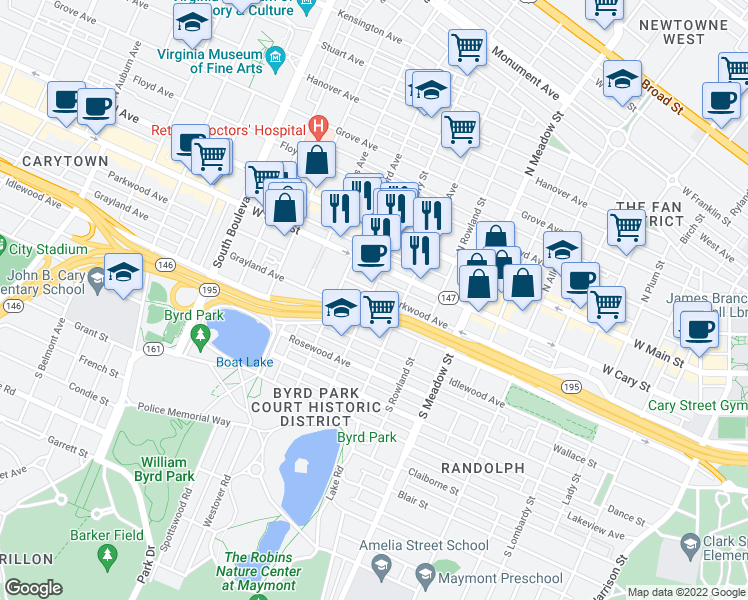 map of restaurants, bars, coffee shops, grocery stores, and more near 2223 Parkwood Avenue in Richmond