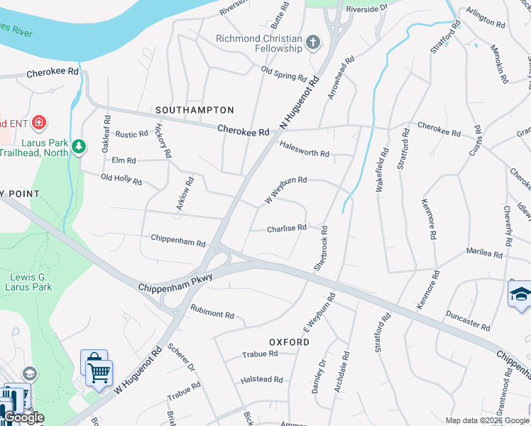 map of restaurants, bars, coffee shops, grocery stores, and more near 8342 Charlise Road in Richmond