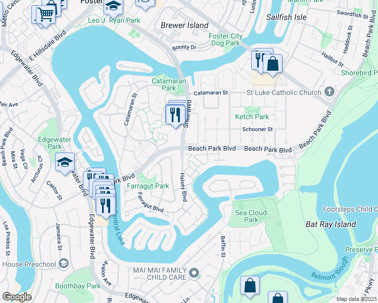 map of restaurants, bars, coffee shops, grocery stores, and more near 819 Spruance Lane in Foster City