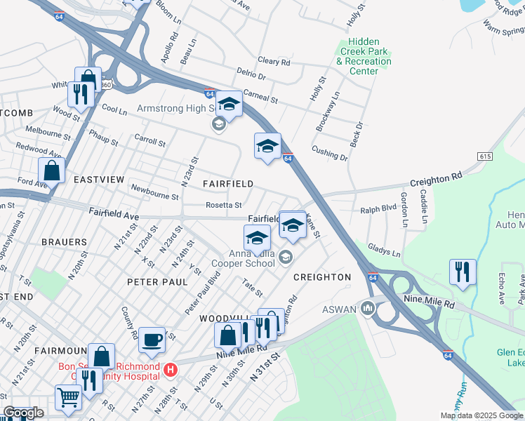map of restaurants, bars, coffee shops, grocery stores, and more near 2201 North 26th Street in Richmond