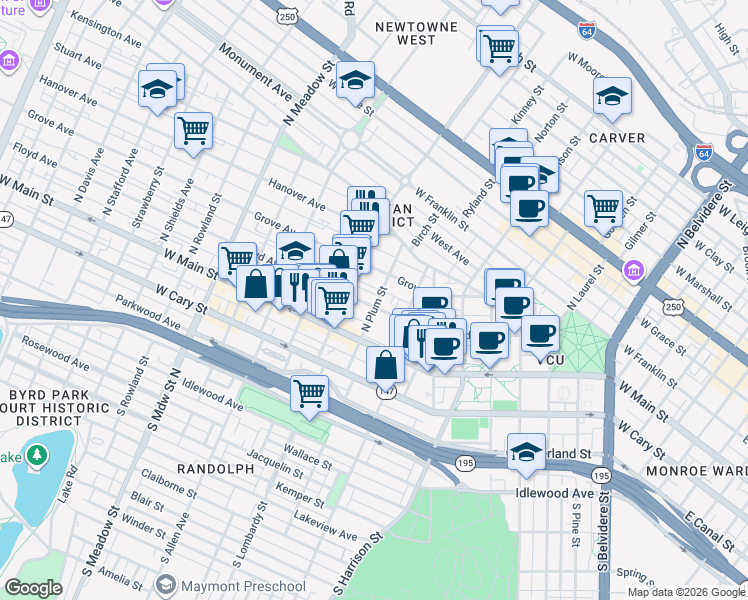 map of restaurants, bars, coffee shops, grocery stores, and more near 1418 Floyd Avenue in Richmond
