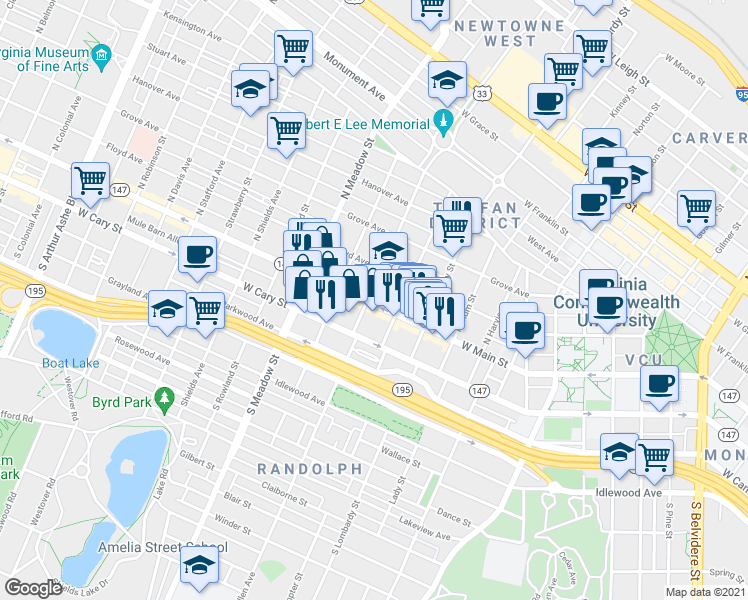 map of restaurants, bars, coffee shops, grocery stores, and more near 1721 West Main Street in Richmond