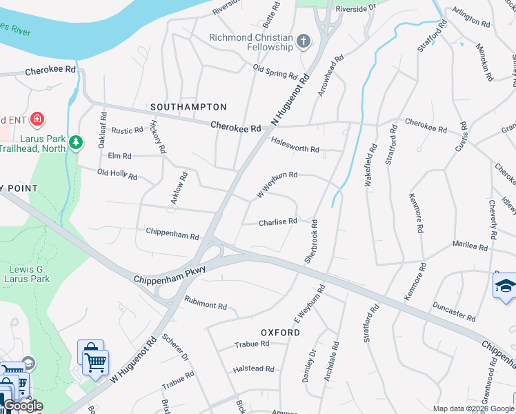 map of restaurants, bars, coffee shops, grocery stores, and more near 8342 Charlise Road in Richmond