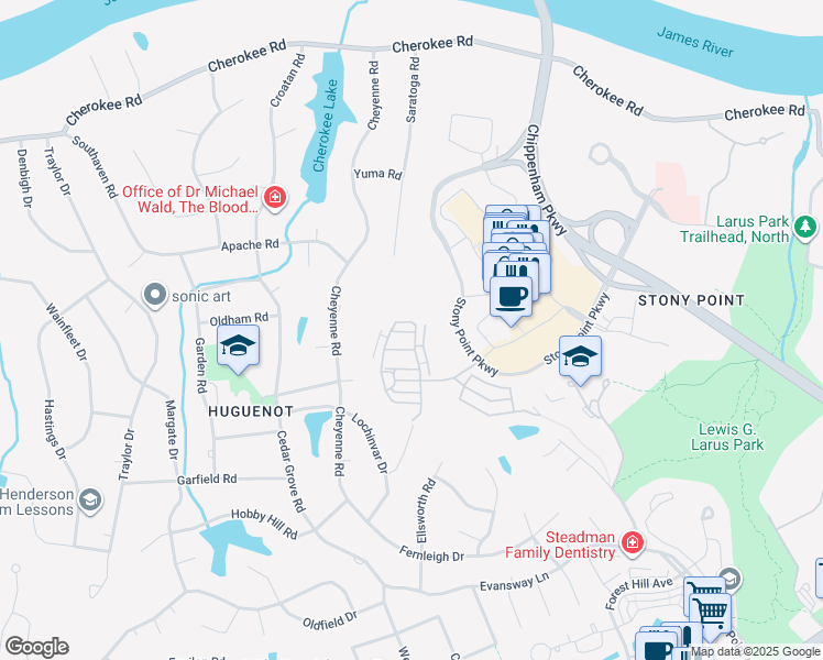 map of restaurants, bars, coffee shops, grocery stores, and more near 9411 Creek Summit Circle in Richmond