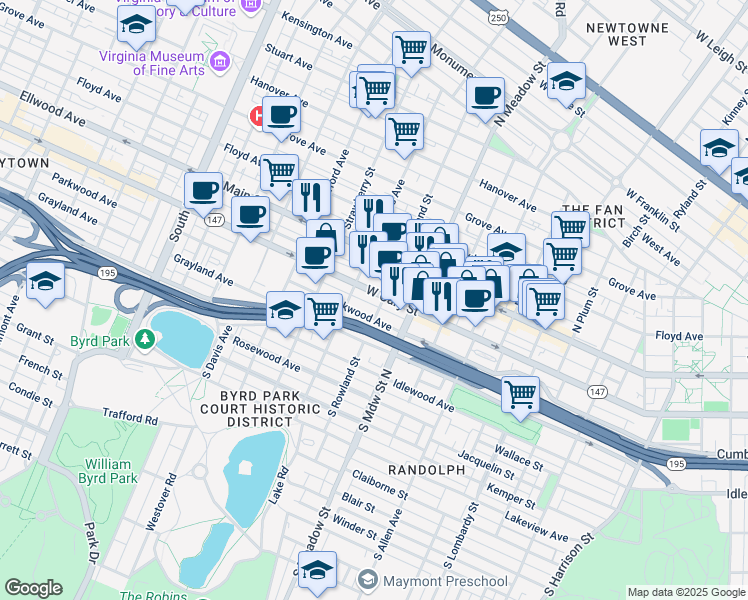 map of restaurants, bars, coffee shops, grocery stores, and more near 2105 West Cary Street in Richmond