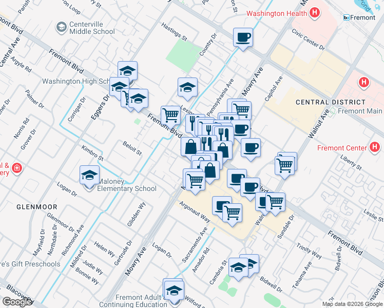 map of restaurants, bars, coffee shops, grocery stores, and more near 38891 Fremont Boulevard in Fremont