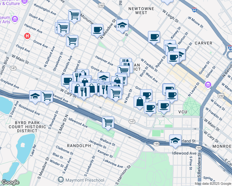 map of restaurants, bars, coffee shops, grocery stores, and more near 1609 Floyd Avenue in Richmond