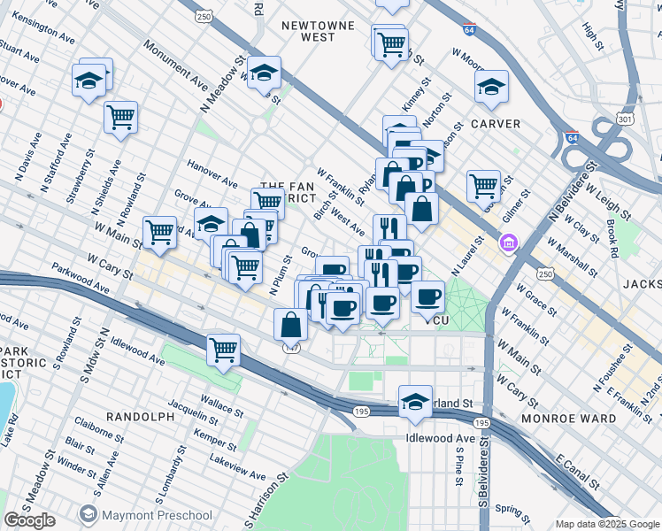 map of restaurants, bars, coffee shops, grocery stores, and more near 1301 Grove Avenue in Richmond