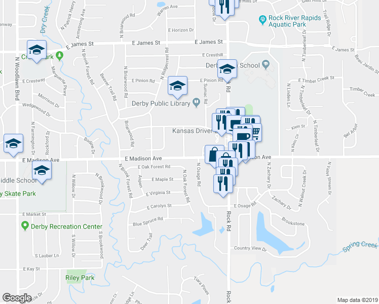 map of restaurants, bars, coffee shops, grocery stores, and more near 1634 East Madison Avenue in Derby