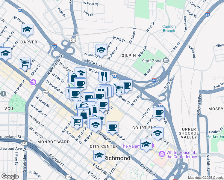 map of restaurants, bars, coffee shops, grocery stores, and more near 700 North 2nd Street in Richmond