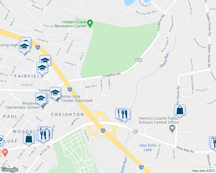 map of restaurants, bars, coffee shops, grocery stores, and more near 2412 Caddie Lane in Richmond
