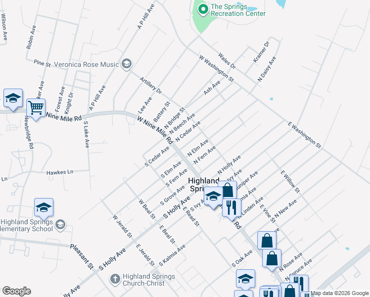 map of restaurants, bars, coffee shops, grocery stores, and more near 308 West 9 Mile Road in Highland Springs