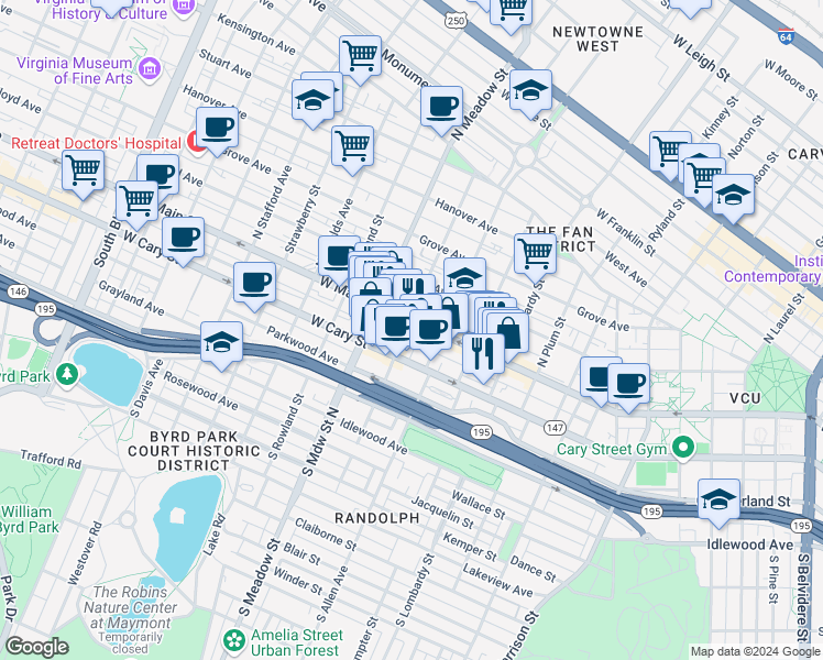 map of restaurants, bars, coffee shops, grocery stores, and more near 1827 West Main Street in Richmond