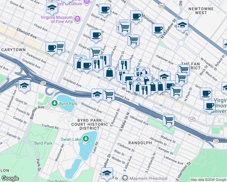 map of restaurants, bars, coffee shops, grocery stores, and more near 2115 Parkwood Avenue in Richmond
