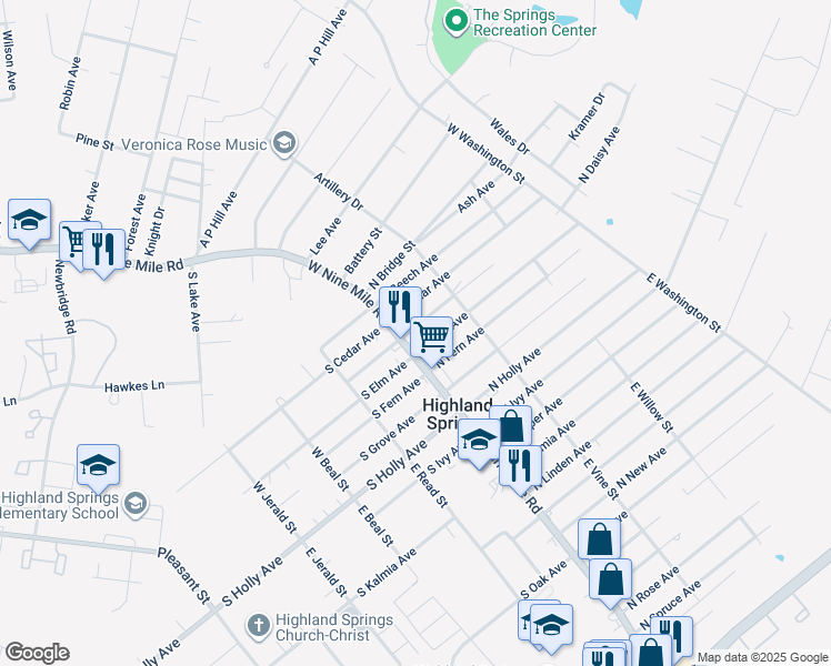 map of restaurants, bars, coffee shops, grocery stores, and more near 3 North Daisy Avenue in Highland Springs
