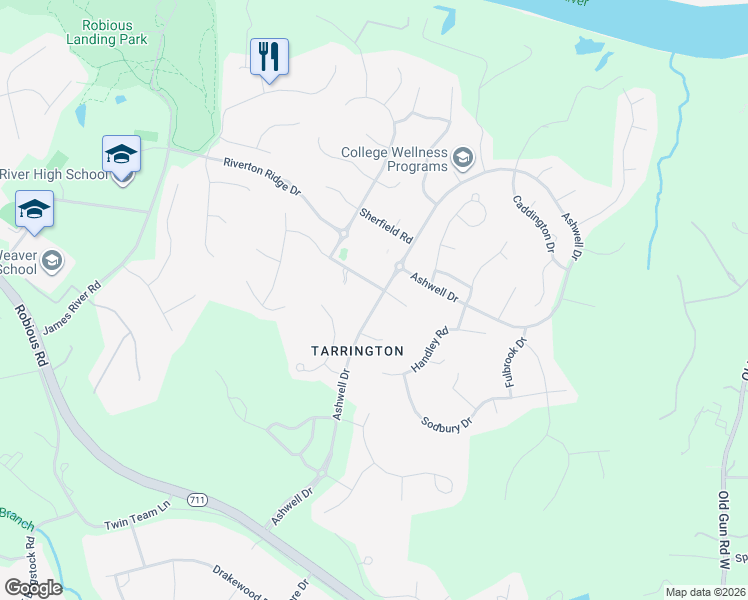 map of restaurants, bars, coffee shops, grocery stores, and more near 13203 Edmonton Drive in Midlothian