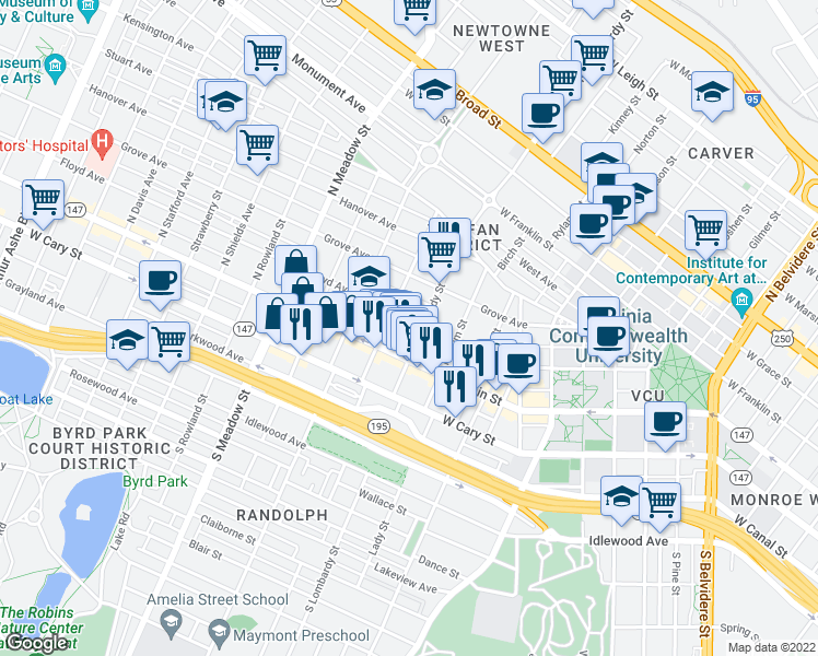 map of restaurants, bars, coffee shops, grocery stores, and more near 1613 Floyd Avenue in Richmond