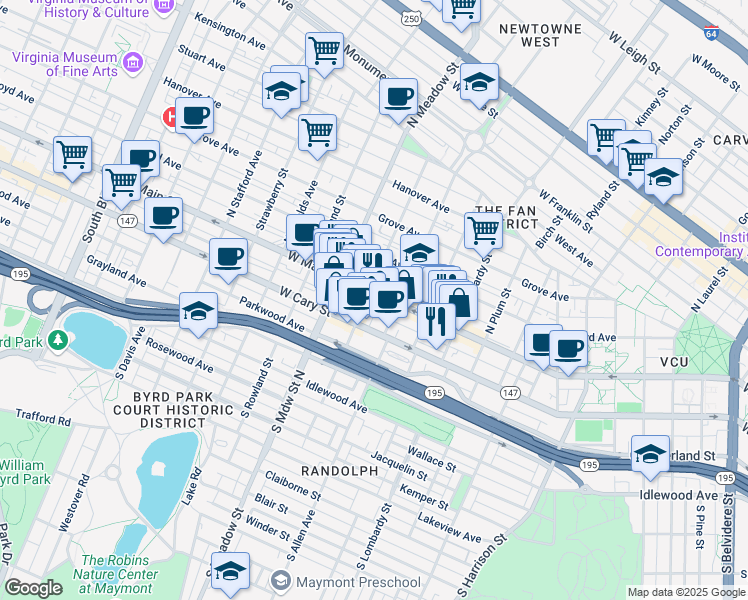 map of restaurants, bars, coffee shops, grocery stores, and more near 1825 West Main Street in Richmond