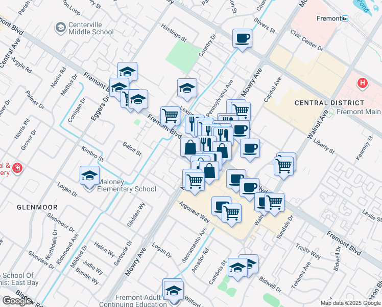 map of restaurants, bars, coffee shops, grocery stores, and more near in Fremont