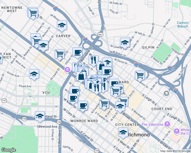 map of restaurants, bars, coffee shops, grocery stores, and more near 218 West Marshall Street in Richmond