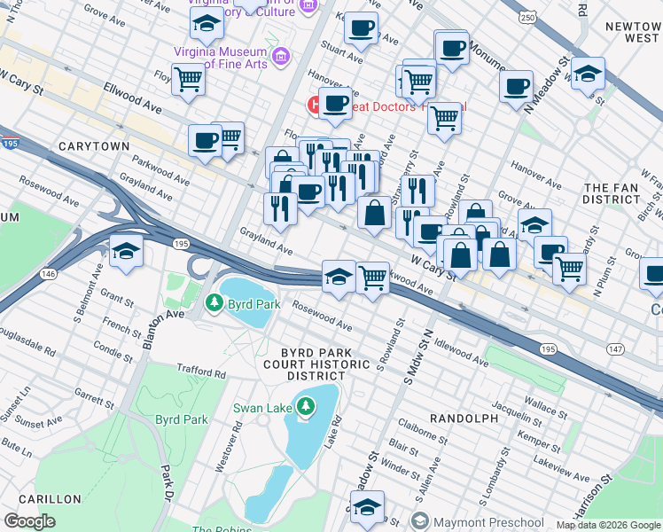 map of restaurants, bars, coffee shops, grocery stores, and more near 219 South Stafford Avenue in Richmond