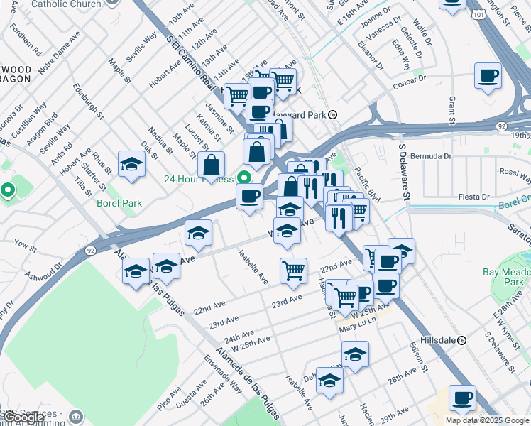 map of restaurants, bars, coffee shops, grocery stores, and more near 220 West 20th Avenue in San Mateo