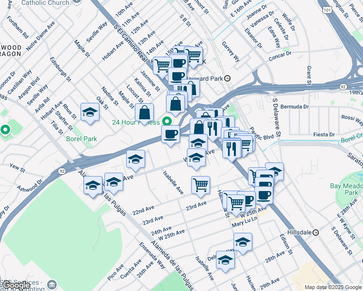 map of restaurants, bars, coffee shops, grocery stores, and more near 220 West 20th Avenue in San Mateo