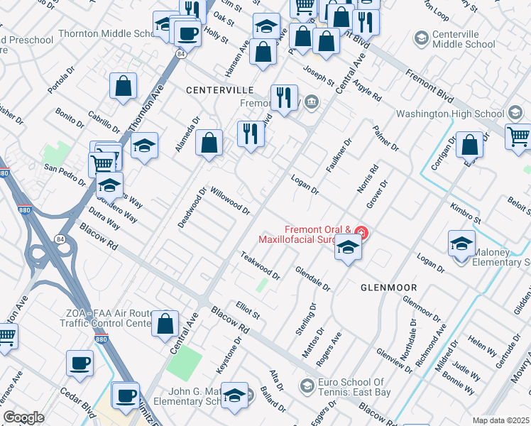 map of restaurants, bars, coffee shops, grocery stores, and more near 37621 Glenmoor Drive in Fremont