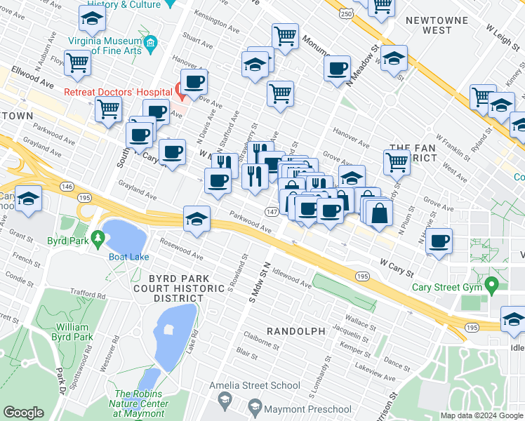 map of restaurants, bars, coffee shops, grocery stores, and more near 2103 West Cary Street in Richmond