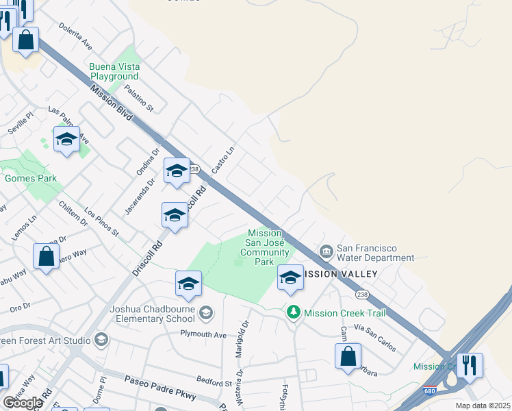 map of restaurants, bars, coffee shops, grocery stores, and more near 41246 Mission Boulevard in Fremont
