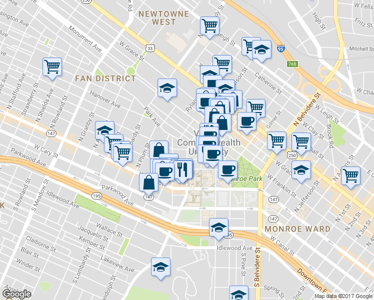 map of restaurants, bars, coffee shops, grocery stores, and more near 1101 Grove Avenue in Richmond