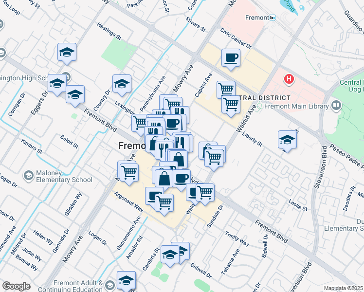 map of restaurants, bars, coffee shops, grocery stores, and more near 39138 Memorial Street in Fremont
